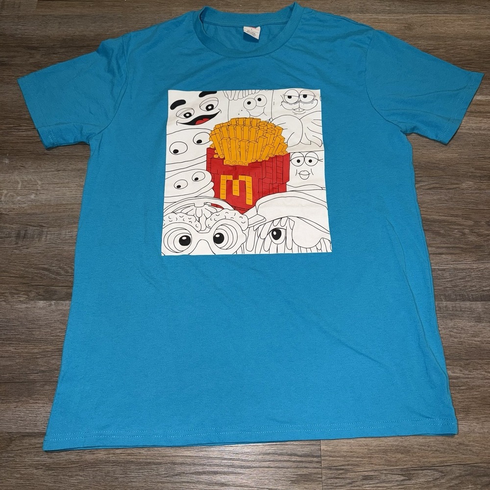 McDonalds Blue Graphic Fries Shirt Mens Large Cotton Polyester Knit Crew Neck